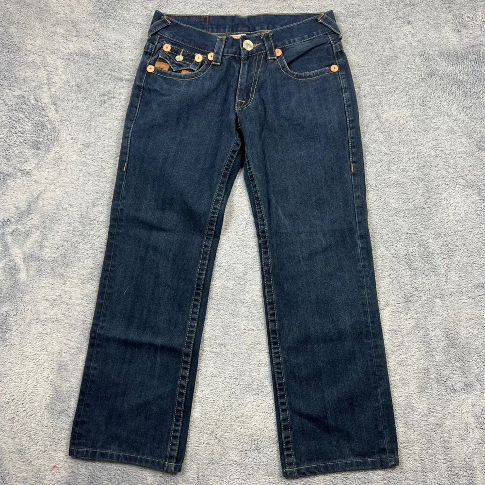 True Religion Mens 32(31)x29 Dark Billy Super T Straight Leg Leather Horseshoe